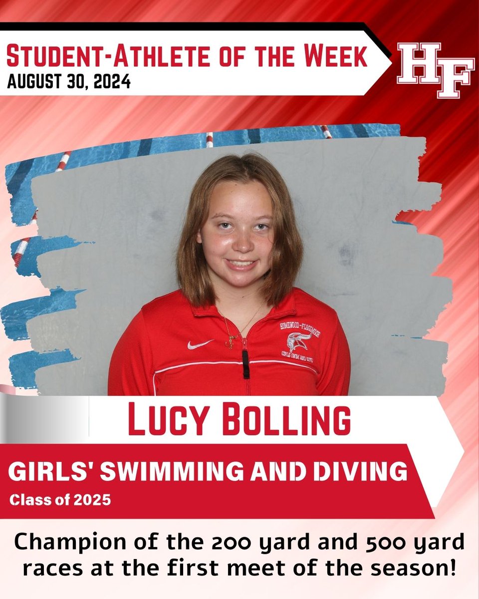 Kicking off the long weekend with the school year's first Student-Athlete of the Week: Lucy Bolling!

A Senior on Varsity Girls' Swimming and Diving, Lucy was champion of the 200yd and 500yd races at the first meet hosted by Lincoln-Way Central. <a href="/HFHSAthletics/">Homewood-Flossmoor</a> #GoVikings