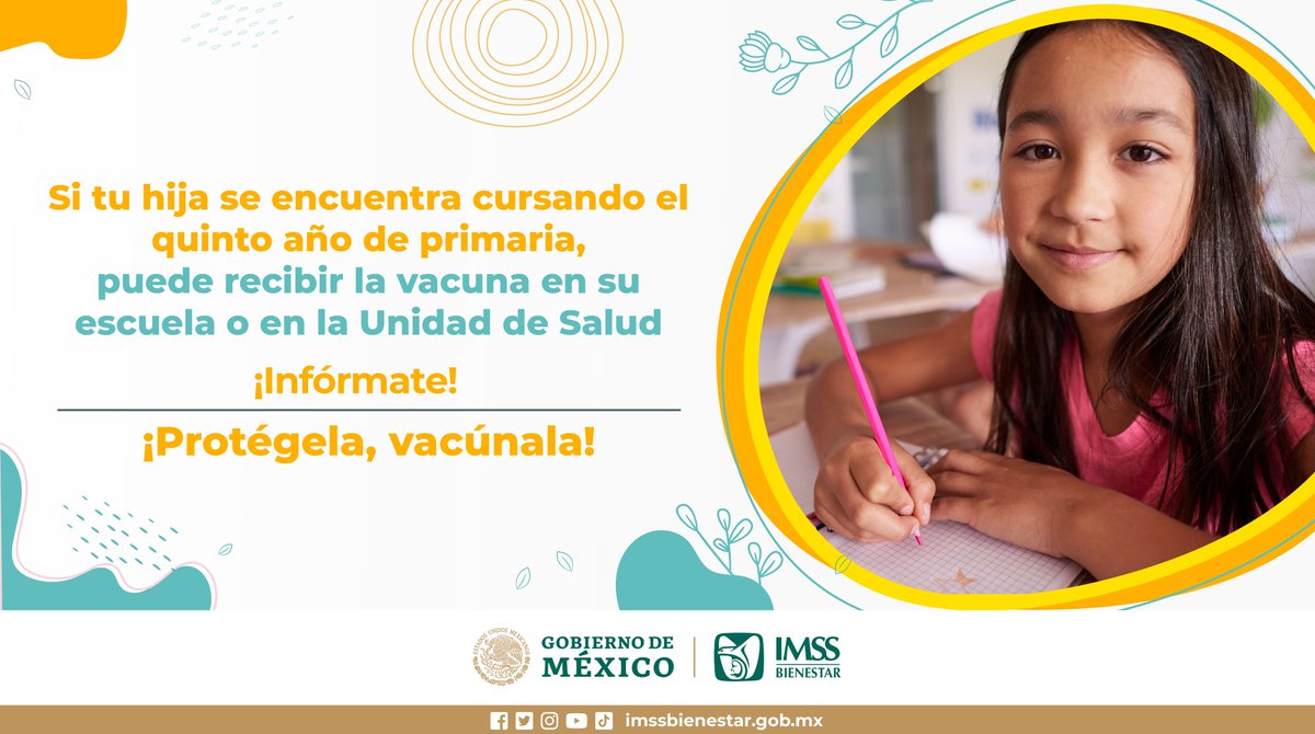 IMSS_Bienestar's tweet photo. La vacuna contra #VPH es la medida de prevención más segura y eficaz para evitar el cáncer del cuello de la matriz causada por el virus del papiloma humano.
Si tu hija se encuentra cursando el primer o segundo año de secundaria... ¡Protégela, vacúnala!

#SomosIMSSBIENESTAR https://t.co/8kgEi6CfVt
