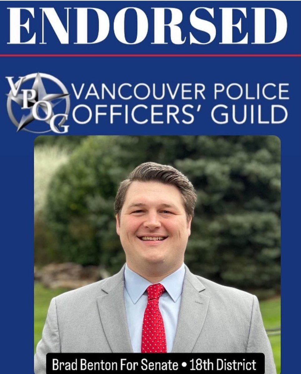 benton_senate's tweet photo. It is an honor to receive the Vancouver Police Officers’ Guild (VPOG) Endorsement! I’m proud to support the people who dedicate their lives to public safety. https://t.co/gswrimG7F7