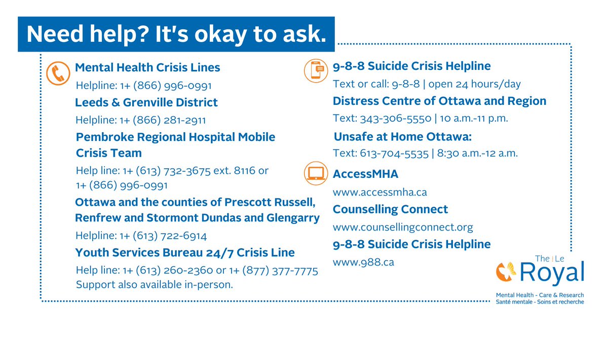 Going through a tough time? You don't have to face it alone. 💙 

It's okay to ask for support. theroyal.ca/crisis-lines

<a href="/CounsellingConx/">Counselling Connect | Counseling on connecte</a> | <a href="/988Canada/">9-8-8</a> | <a href="/UnsafeAtHome/">UnsafeAtHomeOttawa</a> | <a href="/ysb_bsj/">Youth Services Bureau</a> | <a href="/PRHhospital/">Pembroke Regional Hospital</a> | <a href="/DistressCentreO/">DistressCentreOttawa</a>
