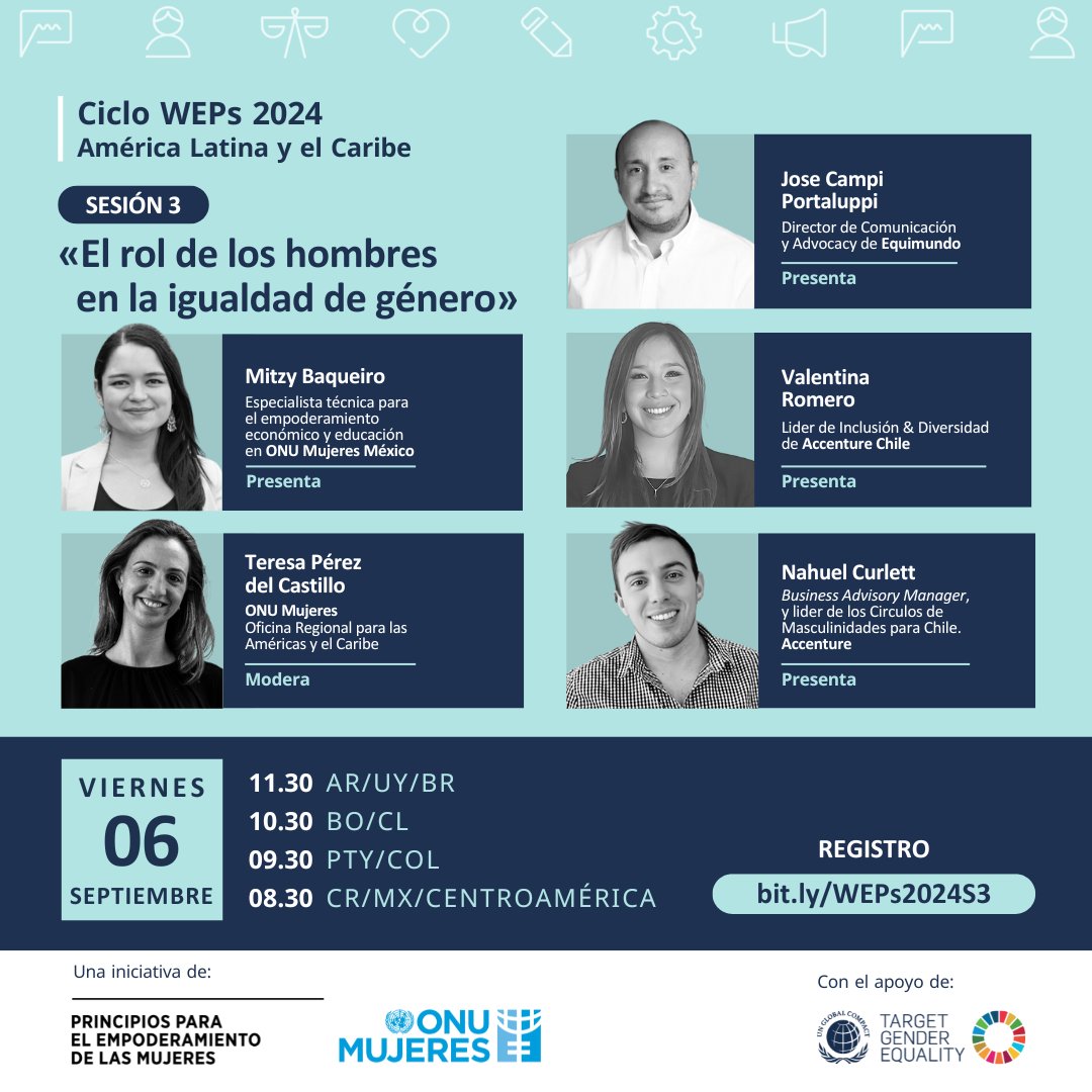 ONUMujeres's tweet photo. 🚨 No te pierdas la sesión 3 del #CicloWEPs 2024 América Latina y el Caribe «El rol de los hombres en la igualdad de género». ​

​📅 𝗩𝗶𝗲𝗿𝗻𝗲𝘀 6 de septiembre ​
⏰ 11:30 h 🇺🇾🇦🇷🇧🇷
⏰ 08:30 h 🇲🇽🇨🇷🇸🇻
📋 Registro: ➡️ https://t.co/egafpM2Bd1 https://t.co/EbUByAtd8R