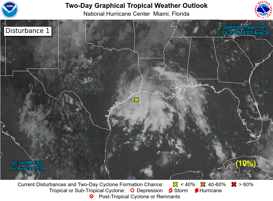 NHC_Atlantic's tweet photo. 2 pm EDT Fri, Aug 30: We'll keep our eye on an area of disturbed weather over the northwestern Gulf of Mexico through the Labor Day weekend. The chance for tropical cyclone formation is currently low, but the system could cause some flash flooding near the coasts of Texas and Louisiana over the next few days.

More info: https://t.co/GzH6jjXEzn