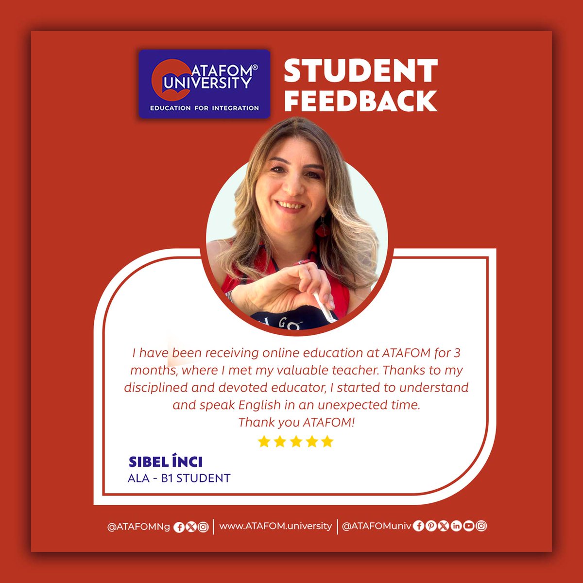 ATAFOMUni's tweet photo. STUDENT FEEDBACK
SIBEL ΓNCI ( ALA-B1 Student ) shares her Experience at ATAFOM University International
Visit Our Website: https://t.co/81RVwRUB53
#Studentfeedbacks #ATAFOM
#ATAFOMNg #nigeria #onlineuniversity #ATAFOMLanguageAcademy #itdiploma #Itcourses #itlearning
#ATAFOMUniversity #onlinecampus #onlinelearning #enrollnow #education #SakirYavuz #PerfectTimingHolding #admissionopen2024_25