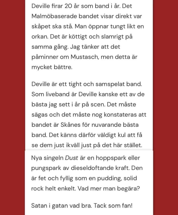 Läsvärt av Kalaskultur om DEVILLE på Skånska Mullret festival.