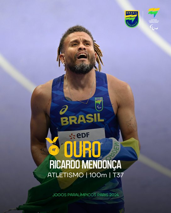 Ricardo Mendonça ao terminar sua corrida e conquistar o ouro nos 100 metros T37