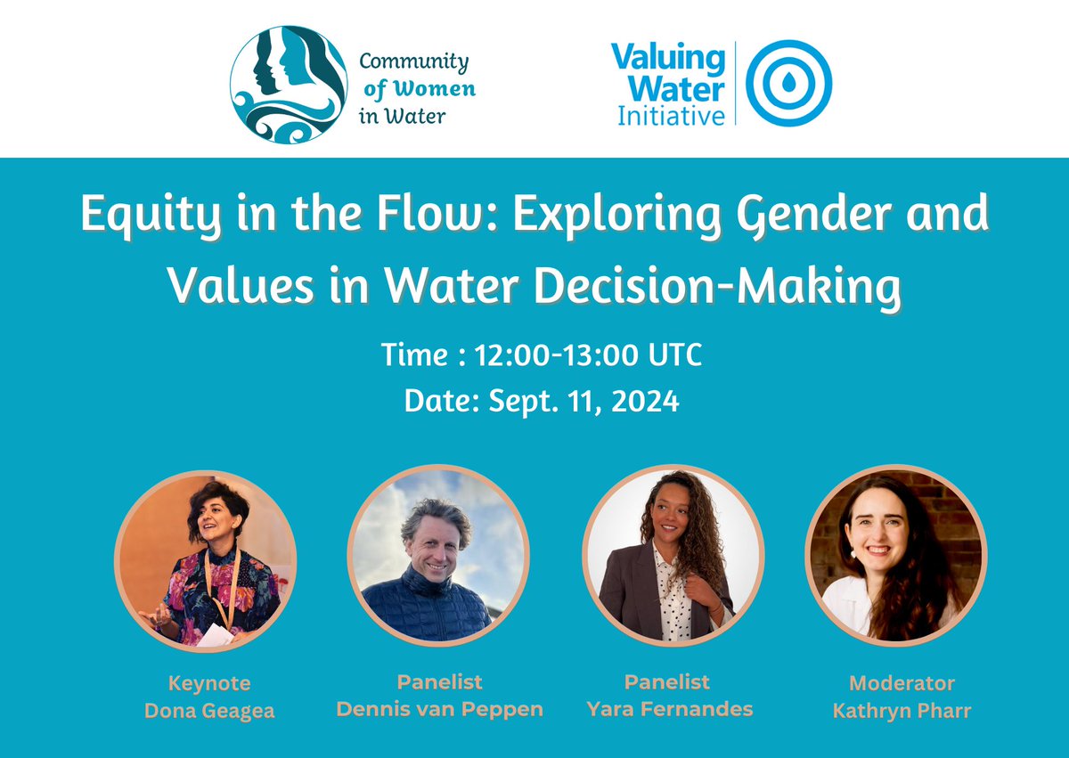 Join our public webinar on "Equity in the Flow: Exploring Gender and Values in Water Decision Making" organized by <a href="/CWiWater/">Community of Women in Water</a>  and <a href="/ValuingWater/">Valuing Water Initiative</a>. Guest Speakers: <a href="/Dona_gea/">Dona Geagea</a> , Yara Fernandes, Dennis van Peppen. 

📆 September 11
⏰ 12:00 UTC

 Register 👉buff.ly/3MnB7vD