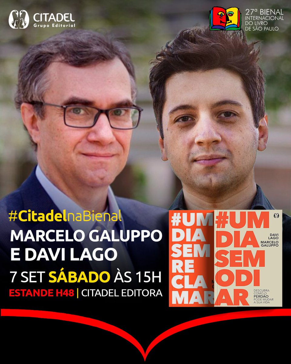 💡 Os autores Davi Lago e Marcelo Galuppo são presença confirmada na Bienal do Livro SP!

Sessão de autógrafos #UmDiaSemOdiar:
🗓️ Sábado, 07 de setembro, às 15h - Estande H48 – Citadel Editora e Alta Books.
📍 Distrito Anhembi: Av. Olavo Fontoura, 1209, Santana - São Paulo.