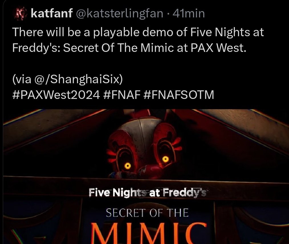 Drako97zz's tweet photo. ‼️💥 TODAS las noticias que estan saliendo sobre LA PAX WEST de FNaF 💥‼️

Hilo que ire actualizando.

/🧵

#FNAF #FNAFSOTM #PAXWest2024 https://t.co/CMFKewADK6