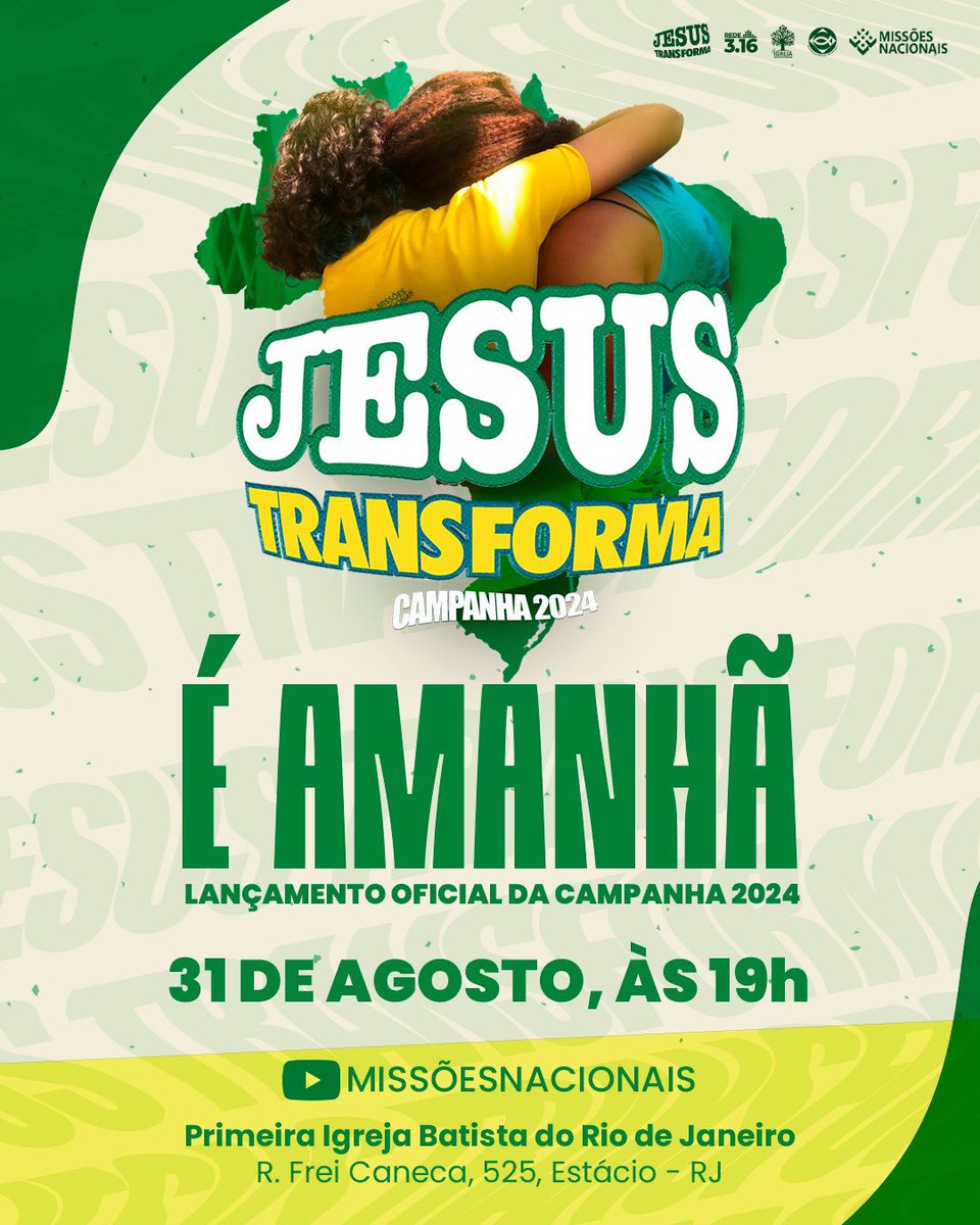 É AMANHÃ! Tá chegando o nosso Culto de Lançamento da Campanha 2024 e você não vai ficar de fora, né? O culto será no dia 31 de agosto, às 19h, na Primeira Igreja Batista do Rio de Janeiro. Se você não puder estar presente, participe ao vivo pelo YouTube de Missões Nacionais.