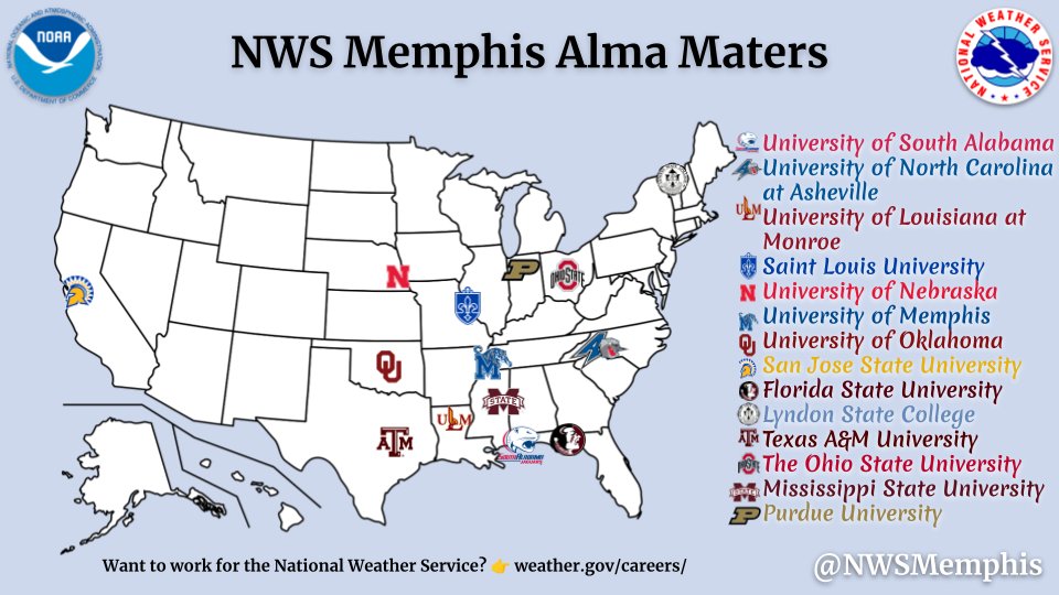 NWSMemphis's tweet photo. Ever wonder where NWS employees go to school?🤔 We have graduates from many diverse colleges and military programs across the USA! Interested in a career within the NWS?!
Visit https://t.co/TKc8s8e2Dg to check out options inside and outside of meteorology! 🤓 🎓#CollegeColorDay https://t.co/esJ2UVhuwC