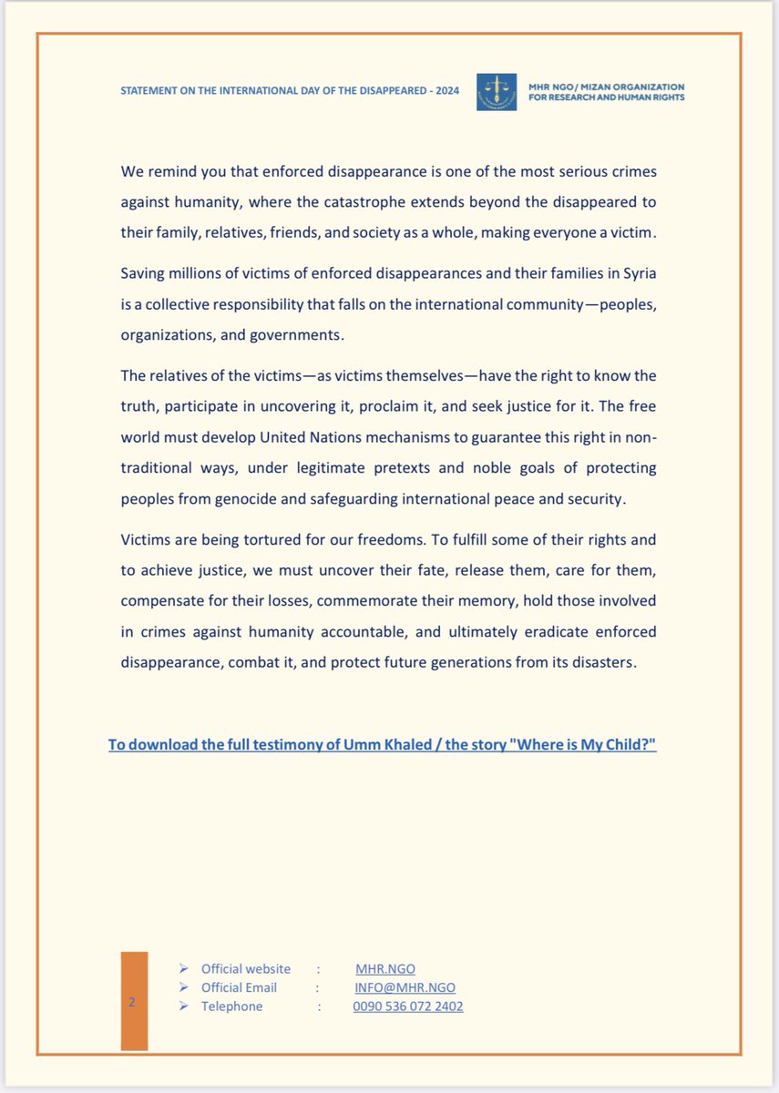 MHRNGO's tweet image. Once Again, Umm Khaled Tells Her Story and Demands the Rescue of Her Child Detained by the Assad Regime:

Statement on the #International_Day_of_the_Disappeared
August 30, 2024 – #Mizen_Organization_for_Legal_Studies_and_Human_Rights