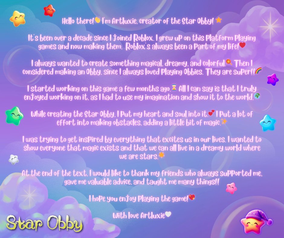 roblox.com/games/17448199…  
⋆｡ﾟ☁︎｡⋆｡ ﾟ☾ ﾟ｡⋆⋆｡ﾟ☁︎｡⋆｡ ﾟ☾ ﾟ｡⋆⋆｡ﾟ☁︎｡⋆｡ ﾟ☾ ﾟ｡⋆⋆｡ﾟ☁︎｡⋆｡ ﾟ☾
#StarObbyRoblox #Roblox #RobloxDev #RobloxDevs #upcoming #NewRelease #New #gamedev #Obby