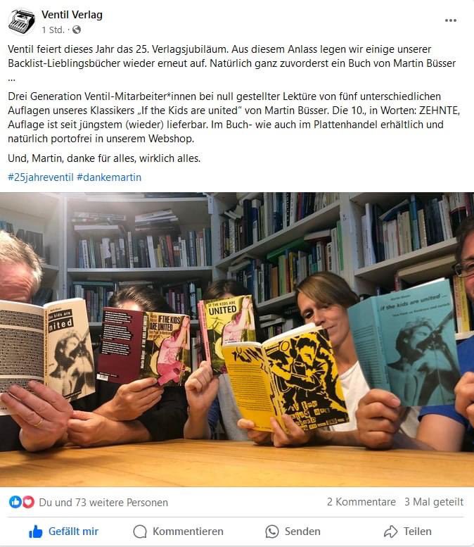 Verbrecher Verlag (@verbrecherei) on Twitter photo Unsere Freund*innen vom <a href="/Ventil_Verlag/">Ventil Verlag</a> feiern ihr 25. Verlagsjubiläum. Wir verdanken ihnen - und besonders Martin Büsser - so einiges und gratulieren aus vollem Herzen!
Kauft ihnen die Regale leer: ventil-verlag.de
#verbrecherei #verbrecherverlag #ventilverlag Unsere Freund*innen vom <a href="/Ventil_Verlag/">Ventil Verlag</a> feiern ihr 25. Verlagsjubiläum. Wir verdanken ihnen - und besonders Martin Büsser - so einiges und gratulieren aus vollem Herzen!
Kauft ihnen die Regale leer: ventil-verlag.de
#verbrecherei #verbrecherverlag #ventilverlag
