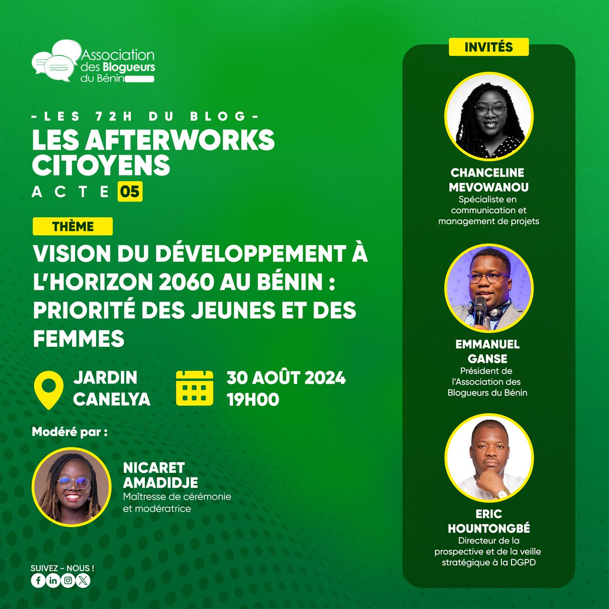 saliaichat's tweet image. Hello! Que faites-vous ce soir à 19h ou demain à 6h30?

Après l&apos;étape de Ouidah hier, nous serons au Jardin de Canelya ce soir à 19h pour L&apos;Afterwork Citoyen

Demain nous allons nous déconnecté avec un fitness. 

Alors ça te dit ? Rendez vous ce soir ou demain. 😁

#72hduBlog