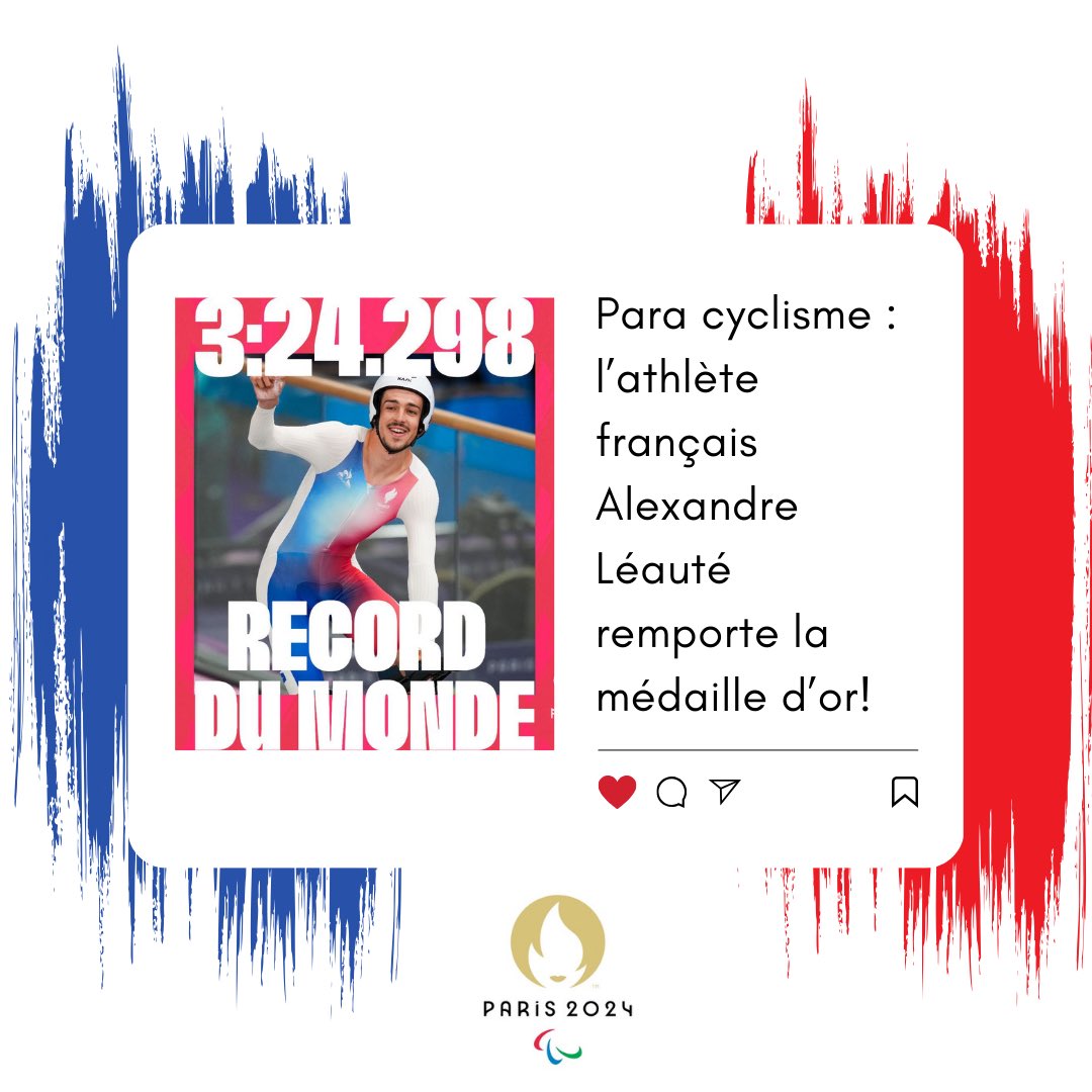 AssoAPHPP's tweet photo. #ALERTEMEDAILLE : nos félicitations à Alexandre Léauté qui remporte une médaille d’Or en para cyclisme après son record du monde de ce matin !🥇 
#Paralympic2024 https://t.co/yiEbkC4oMj