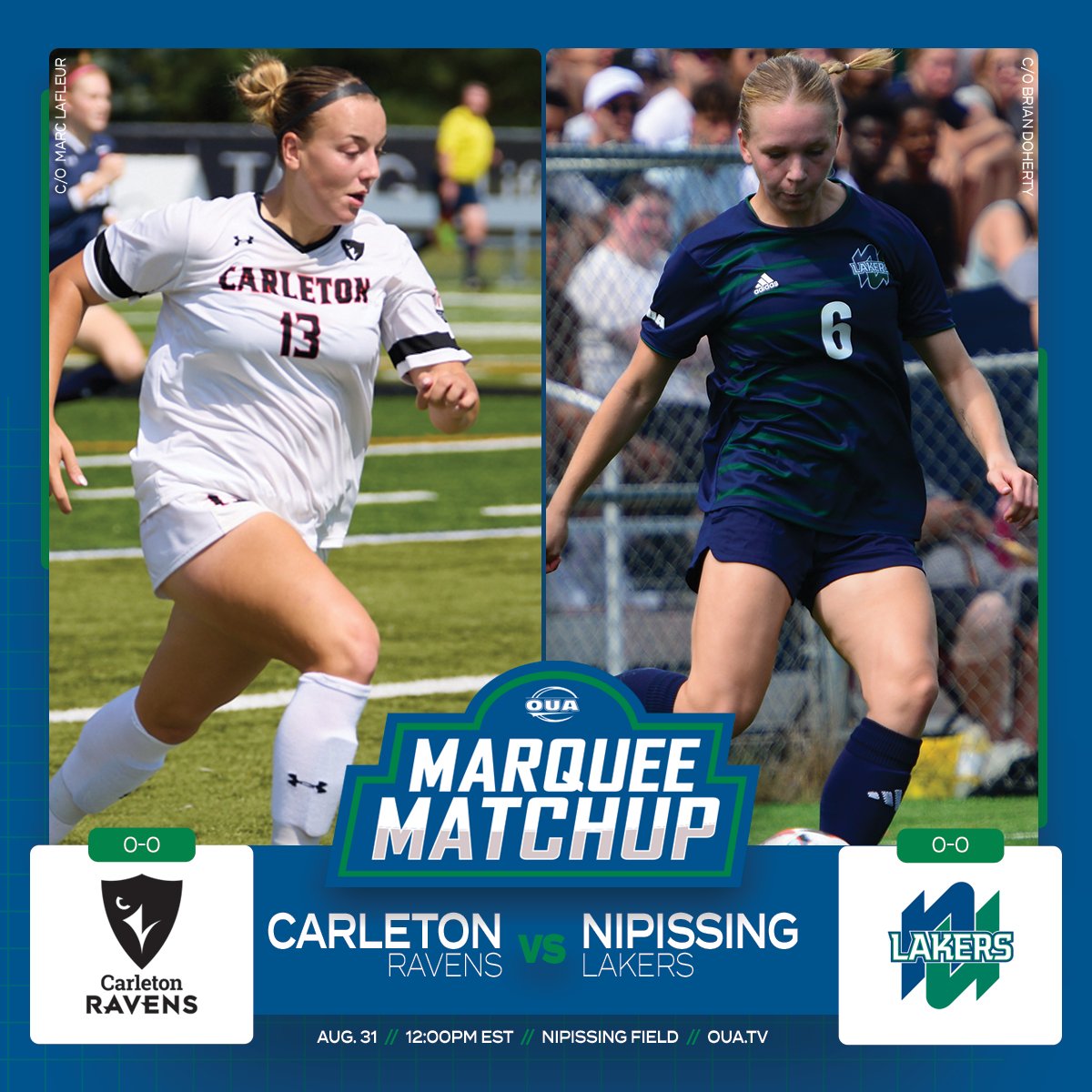 OUAsport's tweet photo. Two postseason contenders from a season ago will battle it out in Week 1 of #OUA womenโs soccer action.โฝ๏ธ
๐ @CURavens v. @nulakers
๐ August 31 @ 12:00pm
๐ Nipissing Field
๐ป https://t.co/4Q3CY8VwvD
#MarqueeMatchup | #CARvsNIP https://t.co/U5weVZKFh6