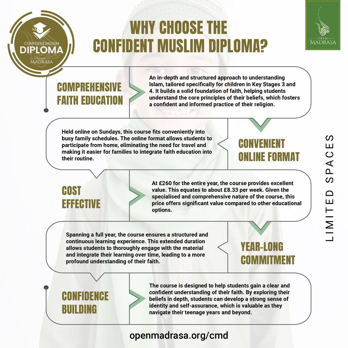 OpenMadrasa's tweet photo. Why Choose The Confident Muslim Diploma?

1. Thorough Faith Education
2. Convenient Online Format
3. Year-Long Commitment
4. Confidence Building

https://t.co/aoox21l3ur

#islamiceducation #MuslimYouth #islam #OpenMadrasa #muslimdiploma #shaykhshamstameez https://t.co/4rRGwDWDNk