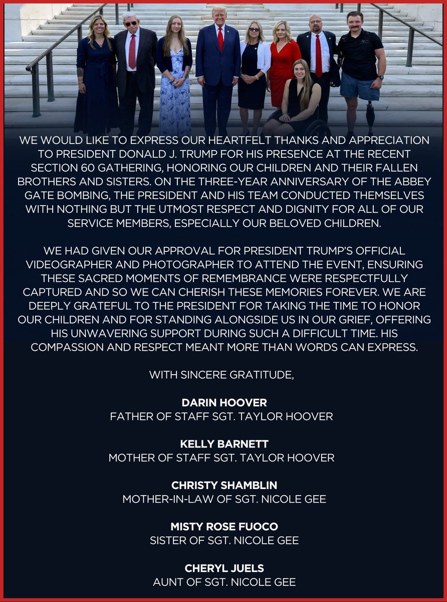 MissBeck12's tweet photo. @mostlypeaceful President Trump was invited by the Gold Star families to participate in their memorial. 
It was not a political event. https://t.co/RSl3v78fGV