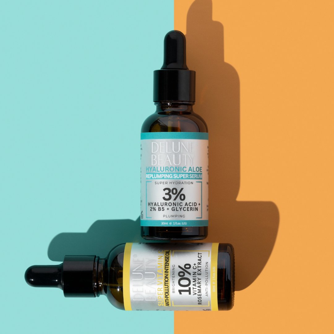 DeluneBeauty's tweet photo. Double up on skincare joy with our Super 10% Vitamin C Anti-Pollution Oil, packed with antioxidants, and 3% Hyaluronic Aloe Serum, rich in hyaluronic acid for that plump, hydrated look 🌸 This powerful duo enhances your skin, bringing renewal and radiance to your routine. https://t.co/dyWhqaJpRS