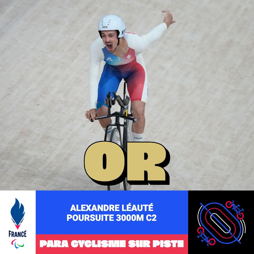Félicitations à Alexandre Léauté 🇫🇷 qui conserve son titre de champion paralympique en para cyclisme sur piste 3000m C2 !

Immense respect à lui.

C'est la 2ème médaille d'or🥇et 4ème médaille pour la délégation française 🇫🇷.

QUELLE FINALE !!!! Encore bravo à lui.