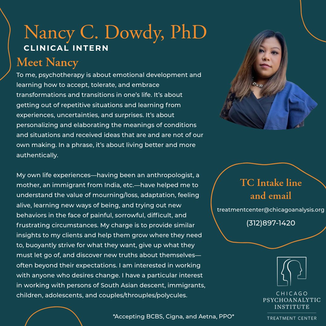 🧠Meet the Clinician 🧠

We are pleased to introduce Nancy C. Dowdy, PhD, a Clinical Intern at The Chicago Psychoanalytic Institute's Treatment Center.

To book a session with Nancy, contact the Treatment Center Intake line @ (312) 897-1420