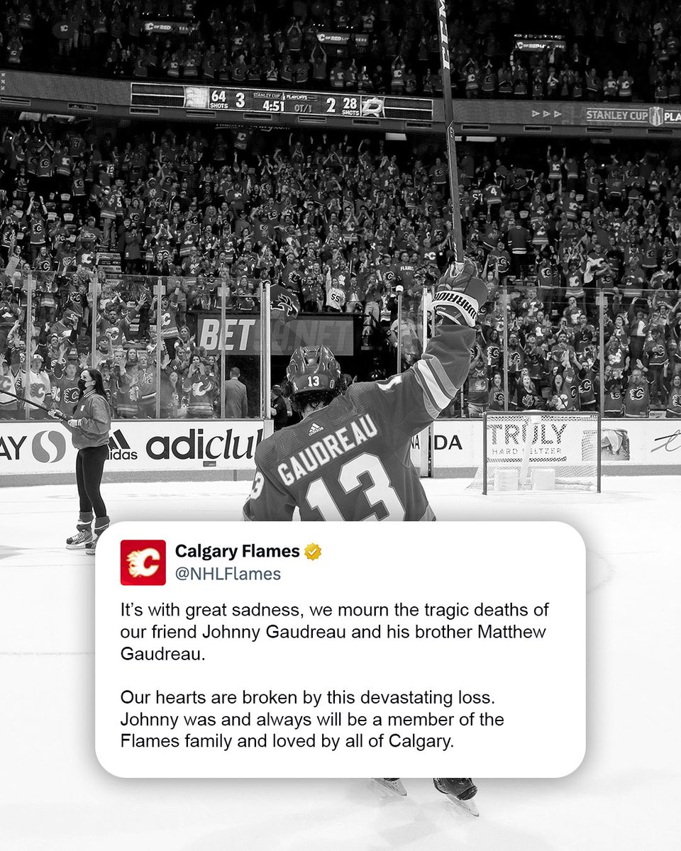 TSN_Sports's tweet photo. The Calgary Flames share a series of messages following the passing of Johnny and Matthew Gaudreau. 

Johnny played in 602 games for the Flames, recording 609 points. https://t.co/hMVkDQoXrN