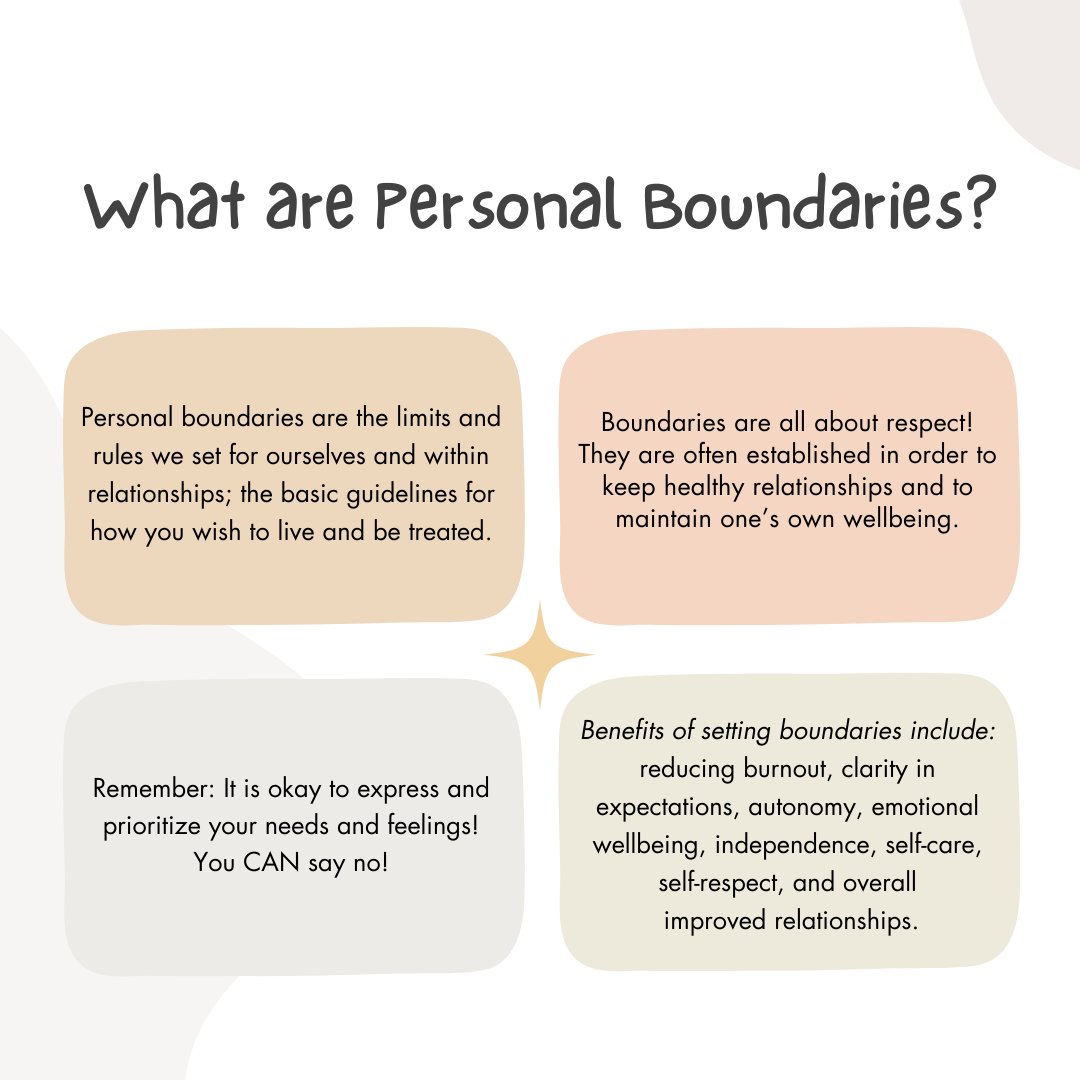 BeaconCentre1's tweet photo. This is your gentle reminder that setting personal boundaries is okay! Sometimes, the best way to care for others is to first care for ourselves. While it can be difficult to say "no" it is often an important and necessary part of self-care. https://t.co/OcXCFp6IA3