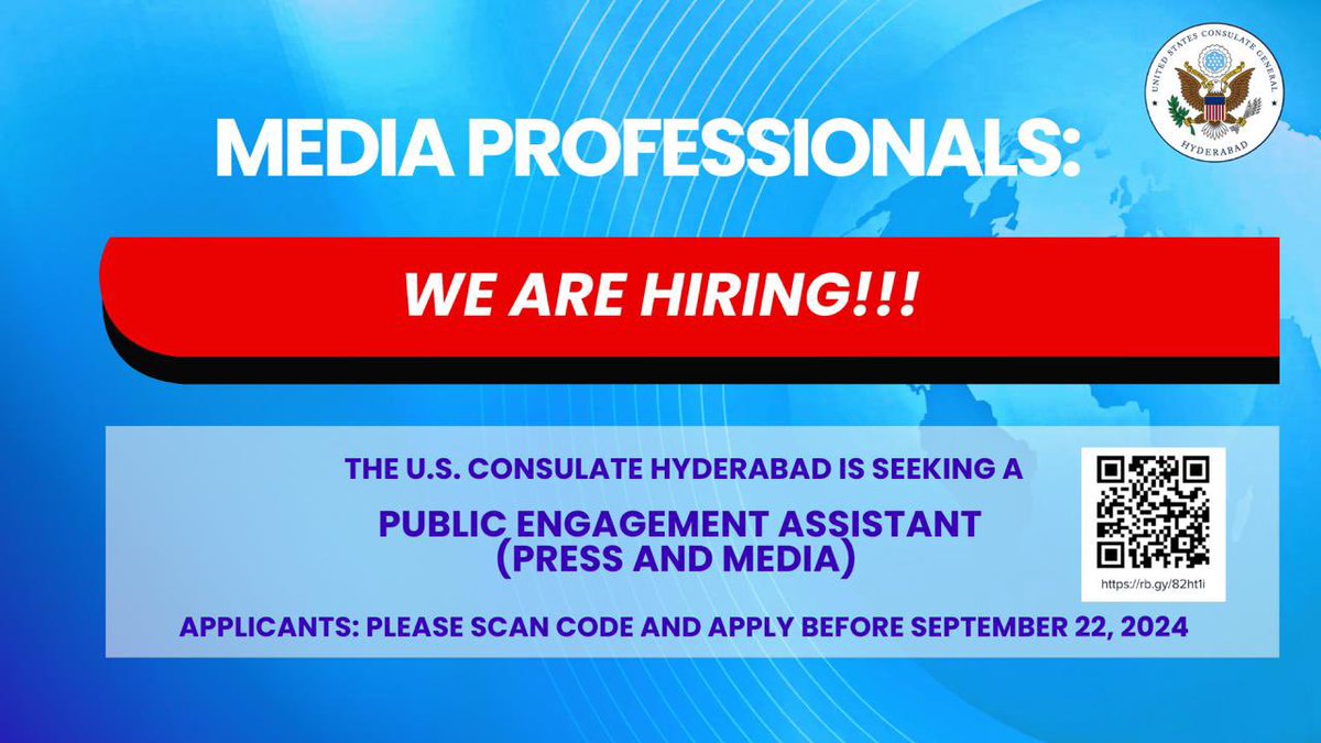 Vacancy Announcement! The U.S.
Consulate is seeking a dynamic Public Engagement Assistant to join our Press and Media team! For more information scan the code or click the link below!
rb.gy/82ht1i