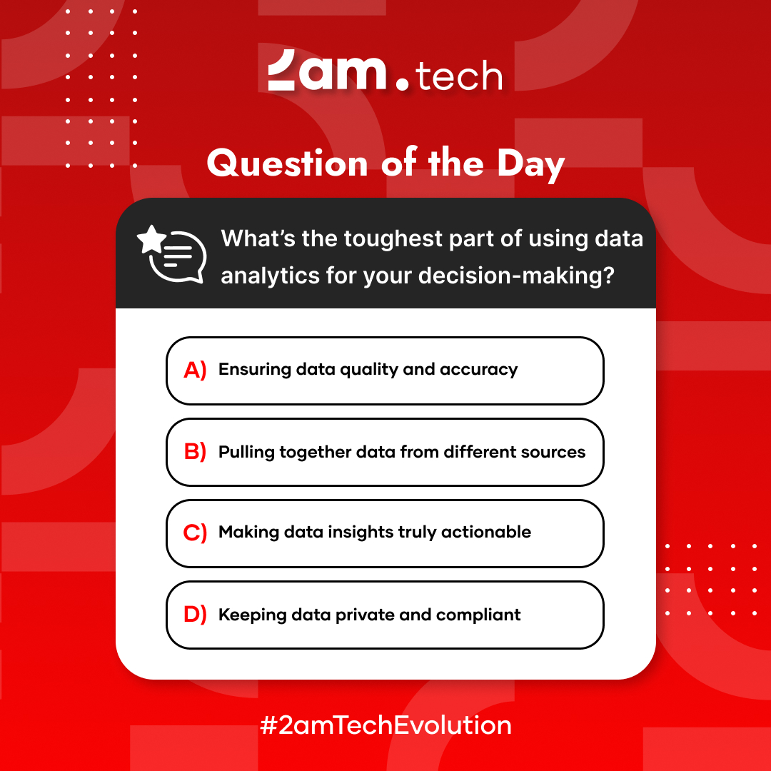 2amtech's tweet image. 🔴 In the world of data-driven decisions, we all face different challenges. What’s your biggest struggle? 🤔

Share your thoughts by voting below—let’s tackle these hurdles together! 🤝

#2amTech #TechEvolution #techpoll