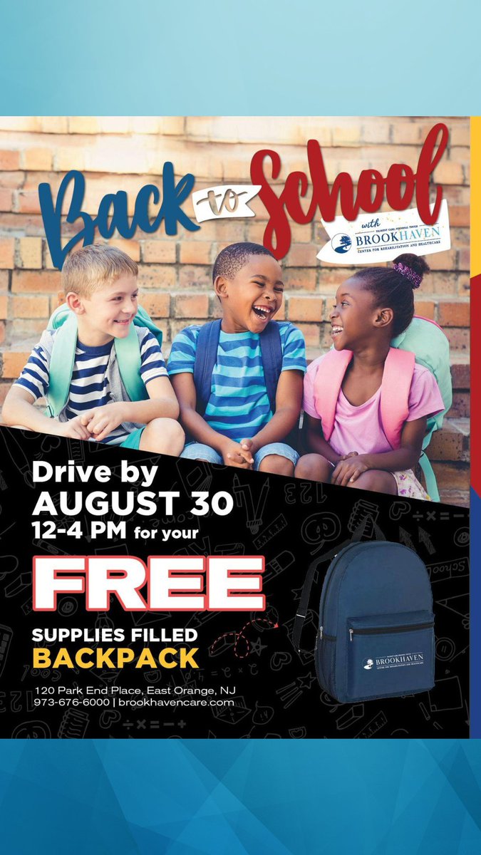 BrookhavenCtr's tweet photo. Back-to-School activity to encourage folks to drive by Brookhaven Center for Rehabilitation and Healthcare on August 30 from 12PM to 4PM to receive a free supplies-filled backpack.#BrookhavenCenterForRehabilitationAndHealthcare #NJRehabilitation #NJRehabCare #NewJerseyRehabCenter https://t.co/R1LvSbLVE4