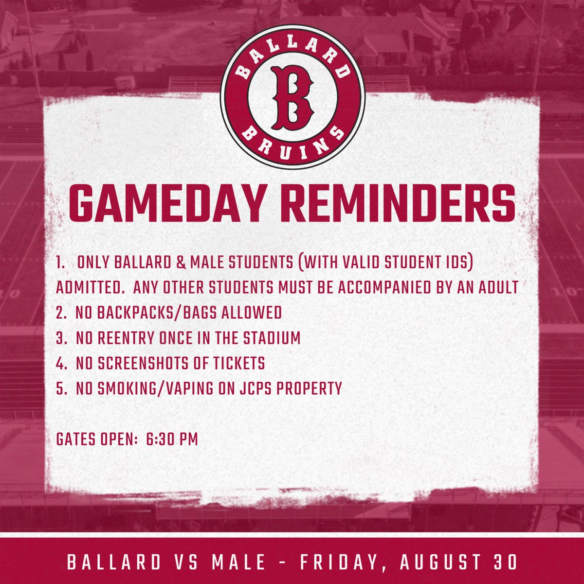 Kickoff has been pushed to 7:45 PM due to the heat. Gates still open at 6:30 PM