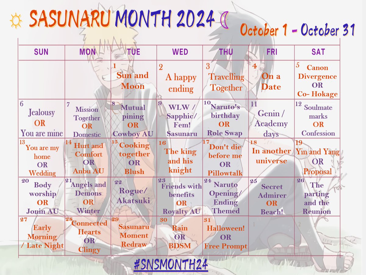 SNSmonth2024's tweet image. ‼️ Sasunaru + Narusasu Month 2024 will be from 1 to 31 October with the hashtag #snsmonth24! Check out this🧵to see the participation rules and prompts in text format! Feel free to follow us to keep up with the snsmonth entries ‼️ #sasunaru #narusasu #サスナル #ナルサス