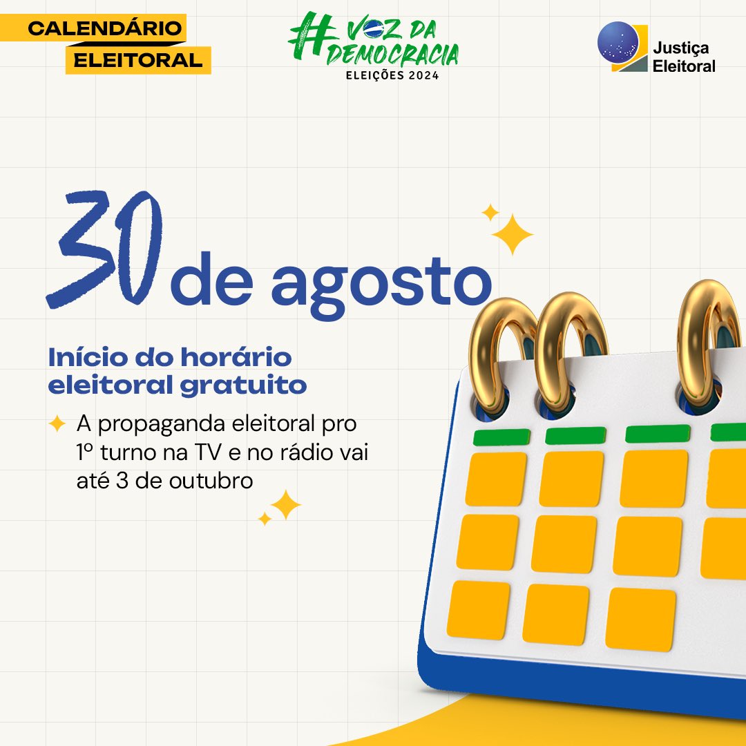 Além do horário eleitoral gratuito, também serão destinados 70 minutos diários no rádio e na TV, distribuídos entre candidaturas à prefeitura (60%) e à câmara municipal (40%). Fique de olho e decida quem realmente entende as necessidades da sua cidade ✅
 #Eleições2024