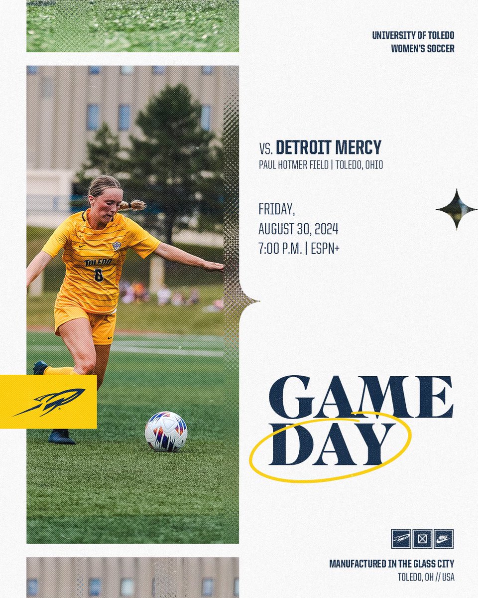 It's a Friday Night 𝗚𝗔𝗠𝗘𝗗𝗔𝗬!

Starting off the weekend in front of the 🏡 crowd!

🆚 Detroit Mercy
📍 Paul Hotmer Field
🕖 7:00 p.m.
💻 es.pn/3X470yj
🎟️ bit.ly/474H1LQ
📊 bit.ly/3X3muTu

#TeamToledo