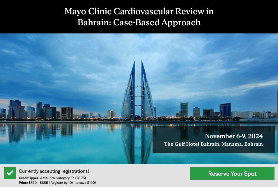 The <a href="/MayoClinic/">Mayo Clinic</a> #CardiovascularCME team is back in Bahrain this year for our annual #Cardiology Review Course, a collaboration between <a href="/MayoClinicCV/">Mayo Clinic CV</a> and <a href="/mkcc_bh/">MKCC</a>. See more details about this Continuing Medical Education credit course and register today: mayocl.in/4fLaTkf
