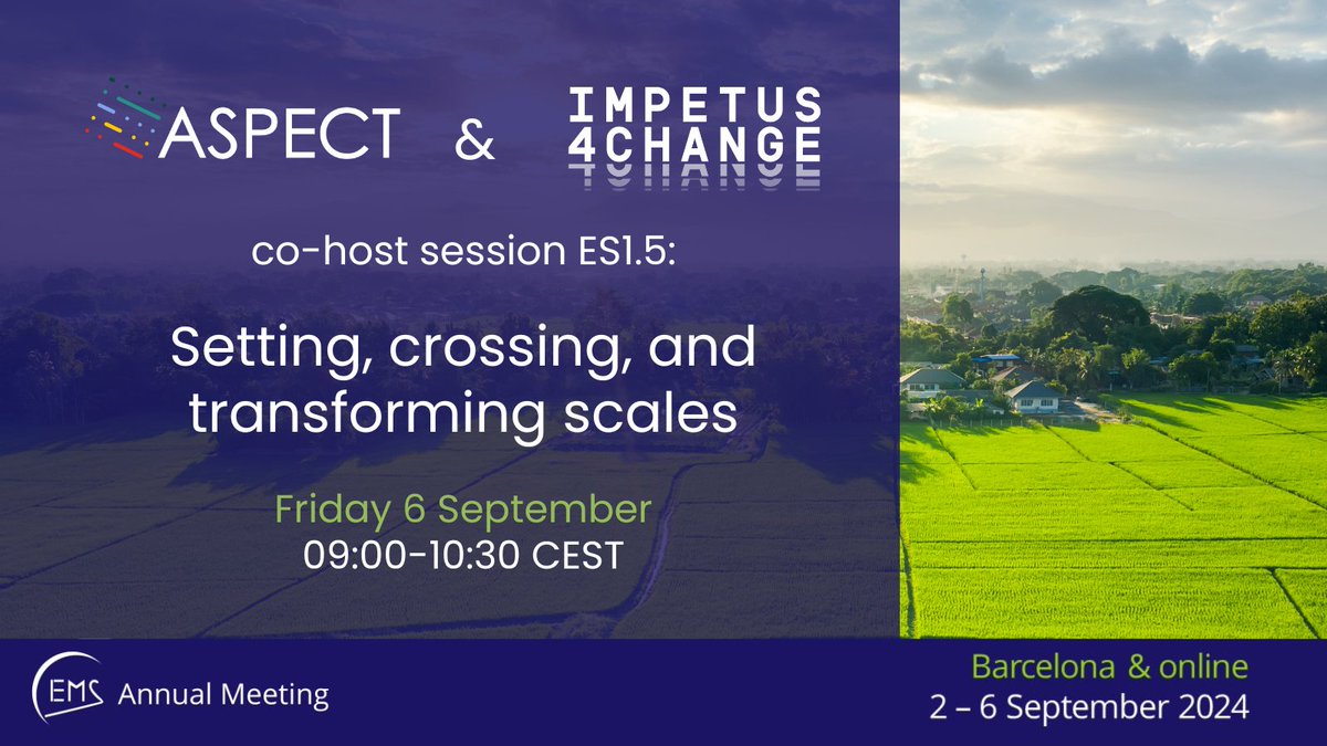 On Friday 6 September, join ASPECT and <a href="/I4C_eu/">Impetus 4 Change</a> researchers at the session "Setting, crossing and transforming scales", hosted at the @EuropeanMetSoc 2024 meeting!

👉Find more information about ASPECT's participation at #EMS2024 here: aspect-project.eu/aspect-at-ems-…