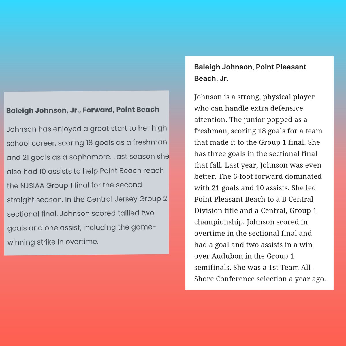 Thank you <a href="/nlowe11/">Nick Lowe</a> <a href="/JSSInsider/">Shore Sports Insider</a> <a href="/HSSportsNJ/">NJ.com HS Sports</a> <a href="/BrandonGouldHS/">Brandon Gould</a>.  It's been a busy summer visiting colleges and camps!  I wouldn't be where I am without my teammates, my family, my coaches, my trainers Val @essasportsfitness and Lauren Karabin. Ready to compete with my <a href="/PPBGirlsSoccer/">Beach Girls Soccer</a>