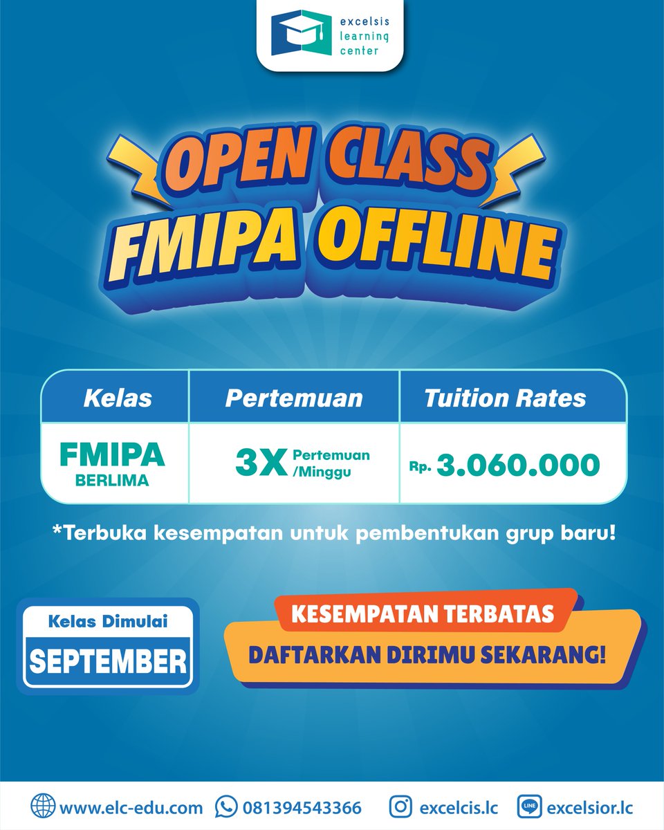 excelsislc's tweet image. 📢OPEN CLASS FMIPA OFFLINE 📢

✅FMIPA Berlima : 3.060.000 3X Pertemuan/Minggu

[KELAS DIMULAI SEPTEMBER 2024]

#institutteknologibandung #itb #tpbitb #bimbeltpb #bimbeltpbitb #fmipa #fmipaitb