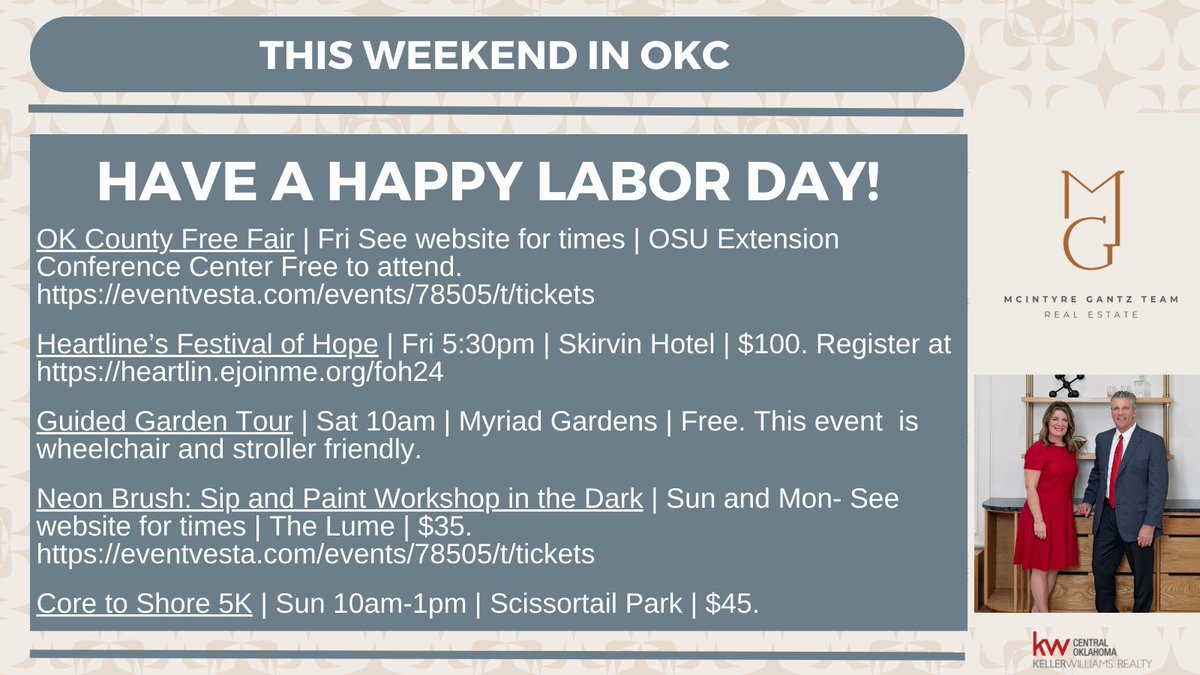 KIRSTENMCINTYRE's tweet photo. 👩‍🔧🧑‍🍳👩‍🏫HAPPY LABOR DAY WEEKEND!👩‍⚕️👷👨‍🏭
Wishing everyone a safe and fun Labor Day weekend.  Here are a few events happening in the OKC metro.
#WeekendVibes  #okc #Edmond https://t.co/aRFdDyAkSB