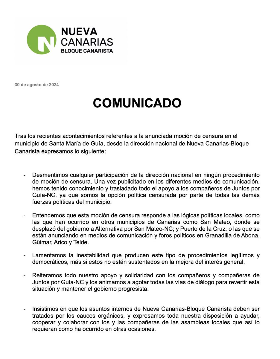 📑COMUNICADO de la dirección nacional en relación al anuncio de moción de censura en Santa María de Guía 👇