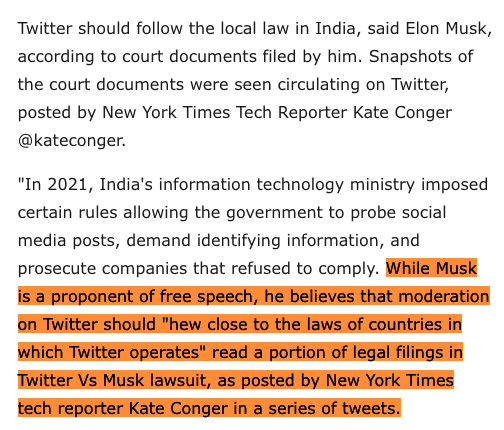Que coisa, né? Na Índia o Musk sabe que precisa seguir as leis locais, e olha que nem dá pra comparar Modi com Lula, mas no Brasil não, não o Musk não quer... o problema do Musk nunca foi com liberdade de expressão, mas sim com a esquerda