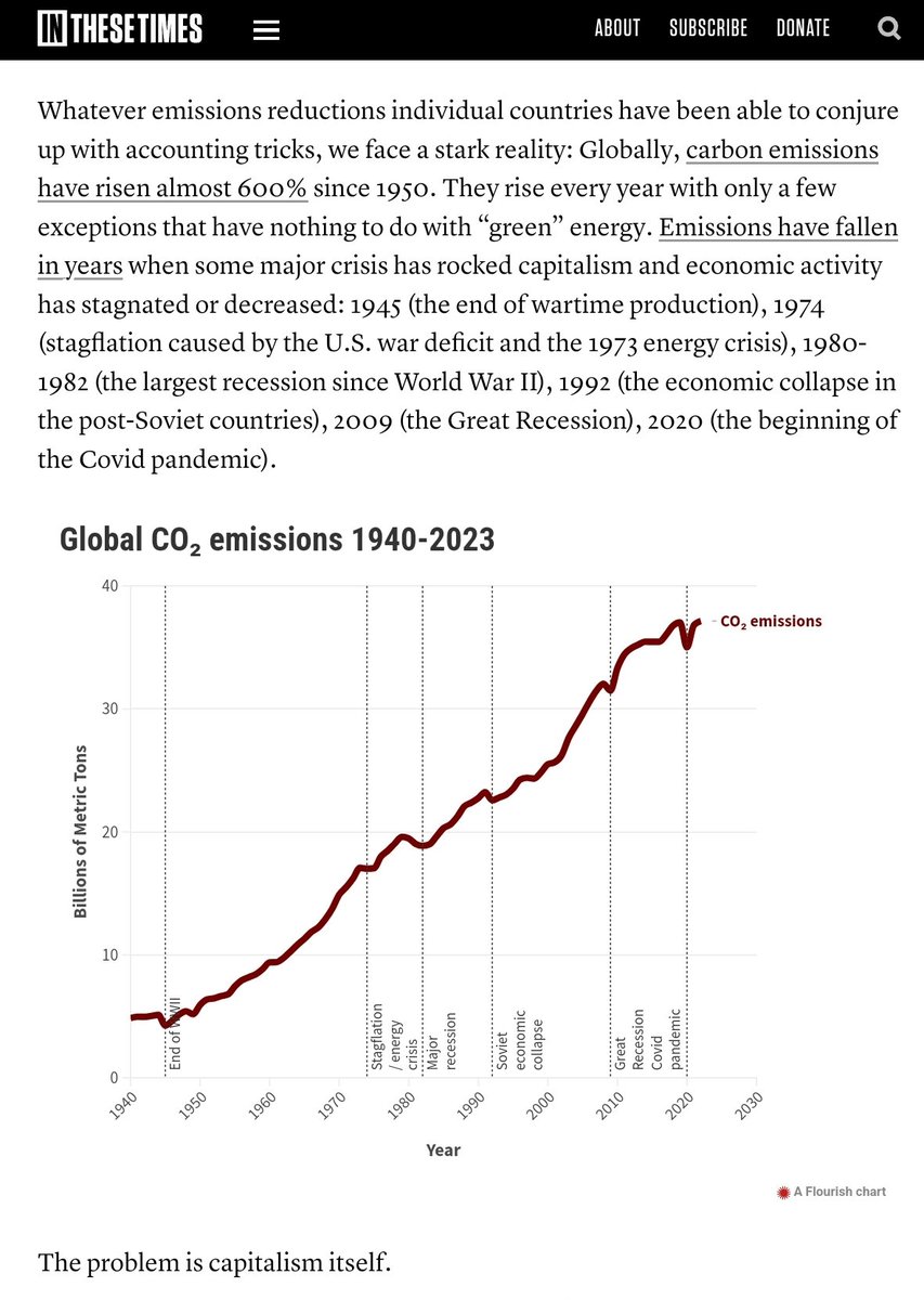 The ONLY thing that has ever reduced emissions have been recessions or crises that cause temporary crashes in the economy. The ONLY way out of this apocalypse is to destroy the capitalist economy completely and rebuild our collective survival based on mutual aid.