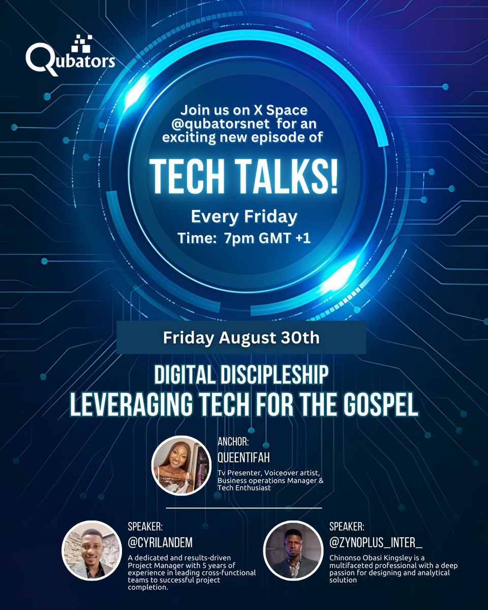 Qubatorsnet's tweet photo. Join us for tech talks this Friday and every other Friday on X at https://t.co/Nr49zKgOwc conversations are insightful and educational. A must if you are in digital space.

#qubatorshackathon2024
#qubatorshackathon
#qubatora https://t.co/o7eMFdXJOs