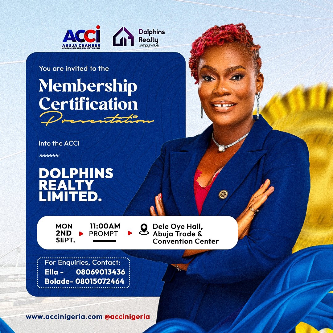 cynthia_otubu's tweet photo. I invite you to join me on Monday, September 2, 2024, as I officially receive my membership certificate from the Abuja Chamber of Commerce and Industry.
Our commitment is to establish a brand that endures, promotes economic development, and enhances lives.
@Dolphinsrealty2 #acci https://t.co/8pltZyMc6S