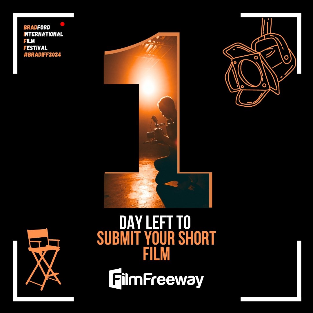 🚨 Final call! Just 1 day left to submit your film to the Bradford International Film Festival! 

Submit now before the deadline closes! ⏳🎬 #BRADIFF2024 #FilmFestival #LastChance #SubmitNow #Filmmakers #filmfreeway #ShortFilms #shortfilmfestival