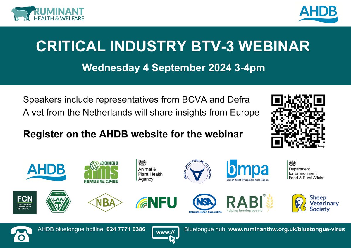 With the changing #bluetongue situation, all farmers, vets and stakeholders are urged to join a critical industry BTV-3 webinar on Wednesday 4 September 3-4pm to get the latest updates &amp; advice from experts.
Sign up via: bit.ly/3AJzxlq 
<a href="/ruminanthw/">Ruminant Health & Welfare</a> <a href="/NFUtweets/">National Farmers' Union</a> <a href="/TheAHDB/">AHDB</a>