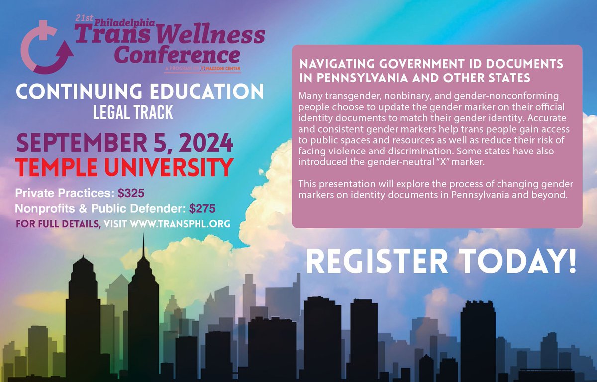 This Legal Track workshop will explore the process of changing gender markers on IDs in PA and why that is important to the transgender/Nonbinary community. Register today on transphl.org.