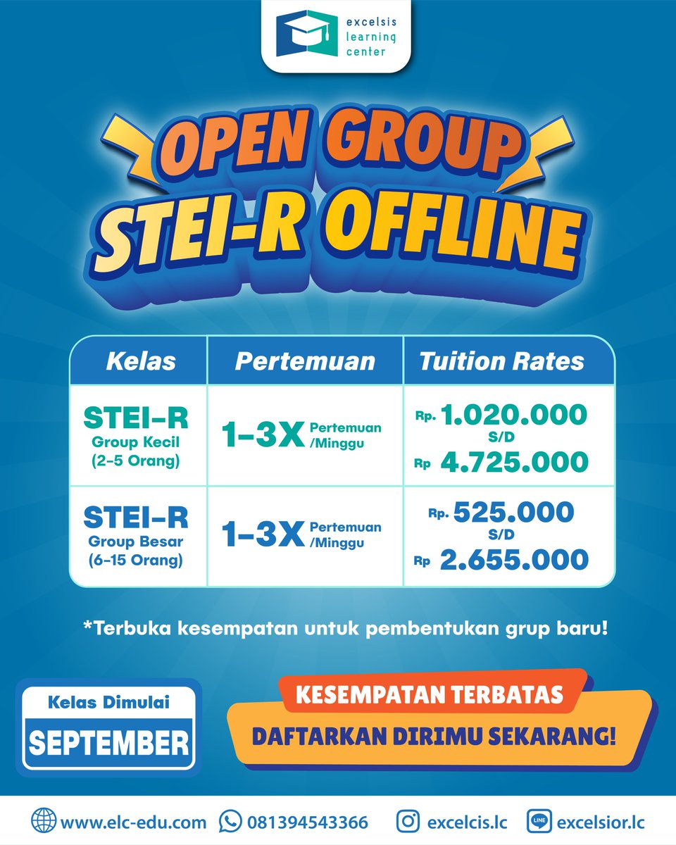 excelsislc's tweet image. 📢OPEN CLASS STEI-R OFFLINE 📢

✅STEI-R Grup Kecil (2-5 Orang) : 1.020.000 s/d 4.725.00 1-3X Pertemuan/Minggu
✅STEI-R Grup Besar (6-15 Orang) : 525.000 s/d 2.655.000 1-3X Pertemuan/Minggu

#institutteknologibandung #itb #tpbitb #bimbeltpb #bimbeltpbitb #steir #steiritb