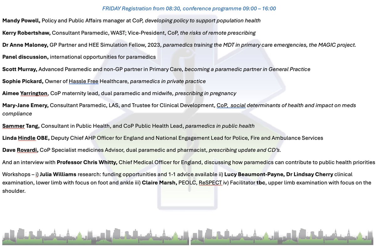 helenbeau1's tweet photo. Draft speaker programme, finalised doc to be added to @ParamedicsUK webpages over the next few days. 
Pls repost. https://t.co/fUJp0jCexT
