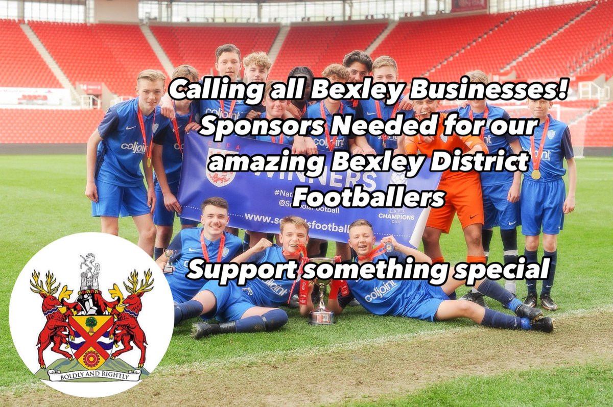<a href="/LBofBexley/">London Borough of Bexley</a> <a href="/MayorOfBexley/">Mayor Of Bexley</a> <a href="/kentschools_fa/">Kent Schools FA</a> If you are a local Bexley business, please get in touch for sponsorship opportunities for the Bexley District teams, U12 to U15 Boys and Girls playing other districts across Kent and on a national basis! Support local hero’s